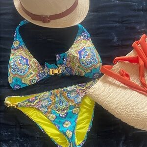 Vibrant Paisley Halter Bikini - Turquoise & Lime